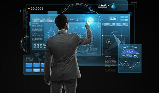 商业,人,大数据技术商人与标记虚拟屏幕背黑色背景商人用虚拟现实屏幕图片