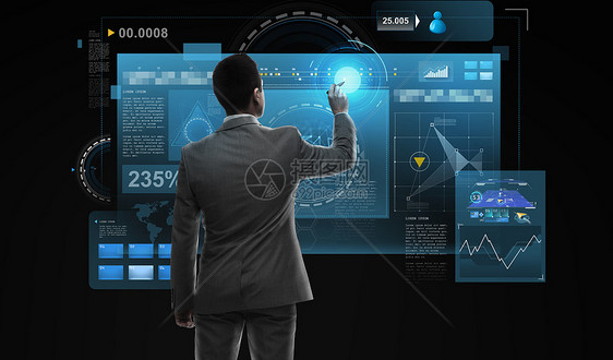 商业,人,大数据技术商人与标记虚拟屏幕背黑色背景商人用虚拟现实屏幕图片