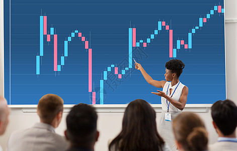 商业,经济人的微笑的非裔美国女商人金融家投影屏幕上向群学生展示外汇图表,会议演讲讲座上出席商务会议讲座的图片