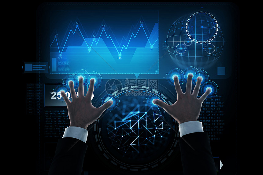 商业,统计未来的技术商人的手与虚拟屏幕图表投影黑色背景用虚拟屏幕商人的手图片
