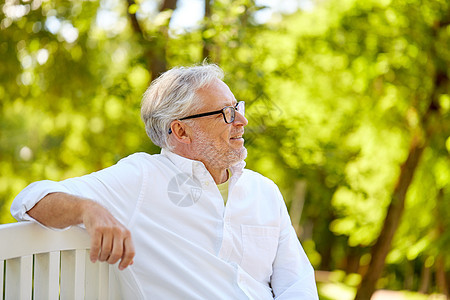 老,退休人们的快乐的老人戴着眼镜,坐夏天公园的长凳上戴眼镜的快乐老人坐夏天的公园里图片