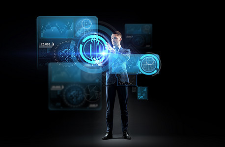 商业,人,增强现实未来的技术商人与图表虚拟屏幕上的黑色背景商人虚拟屏幕上用图表图片