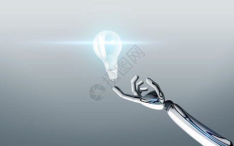 科学,未来技术进步机器人手与灯泡灰色背景机器人手与灯泡灰色背景图片