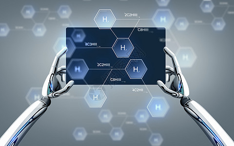 科学,未来技术化学机器人手与平板电脑氢化学公式灰色背景机器人手与平板电脑化学配方图片