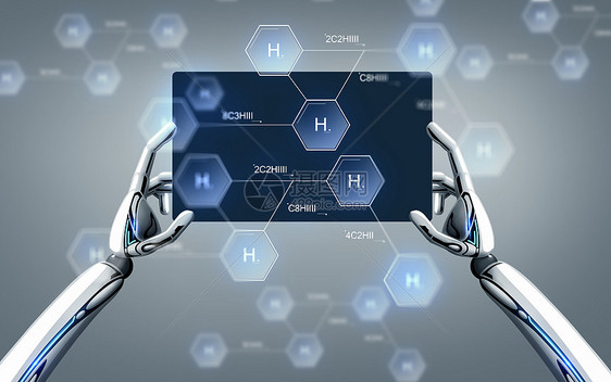 科学,未来技术化学机器人手与平板电脑氢化学公式灰色背景机器人手与平板电脑化学配方图片