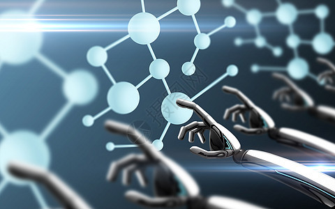 科学,未来技术进步机器人手触摸分子公式蓝色背景机器人手触摸分子公式图片