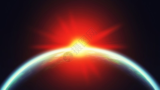 太空景观与地球明亮的太阳三维插图图片