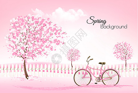 美丽的春天自然背景,开花的树木景观矢量图片