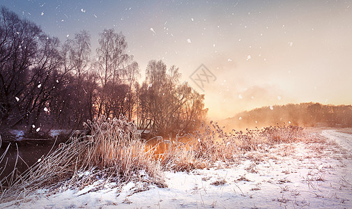 冬天朦胧的黎明河上雪花,降雪阳光明媚的冬天早晨农村雾状霜冻的场景图片