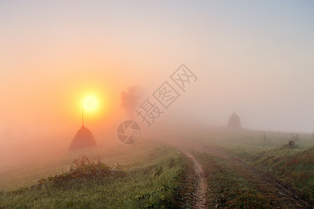 山野上的日出朦胧的乡村山丘上的干草堆道路雾蒙蒙的秋天早晨山上图片