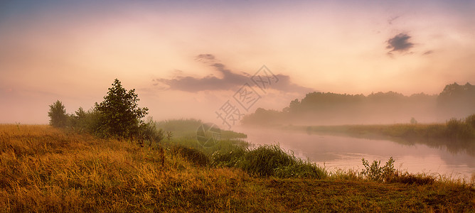 早上的薄雾河流全景温暖的夏日早晨夏季薄雾日出全景图片