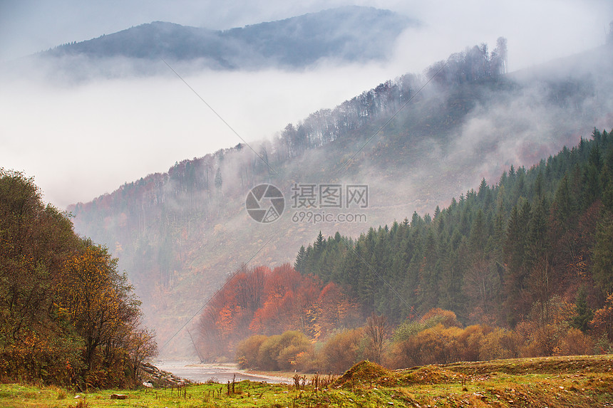 秋天的雨雾山上河上的雾浓雾围绕着最高的山顶五颜六色的秋林背景图片