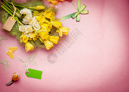 春天问候花与空白标签装饰水仙花背景,顶部视图边界图片