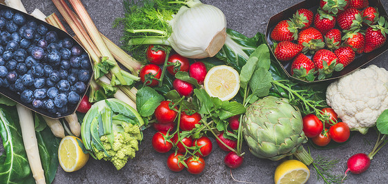 各种机蔬菜,水果浆果,健康,清洁,素食饮食,顶部视图,横幅图片
