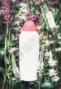 草药化妆品瓶上草药花卉背景,顶部视图护肤,健康,自然美容美容图片