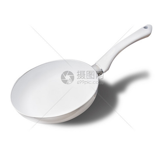 白色搪瓷煎锅阴影,孤立白色背景上飞盘图片