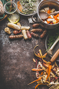 机五颜六色的农家根蔬菜的烹饪准备菊芋胡萝卜芹菜香芹乡村厨房桌子背景上,顶部视图,文字位置健康食品饮食观念图片