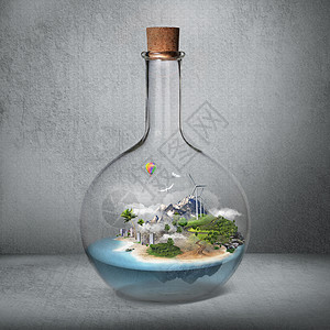 海洋世界软木璃瓶,美丽的岛屿海洋小气候,环境保护,安静的地方背景