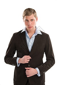 位自信的轻男高管的肖像,他的袖口扣白色背景上图片