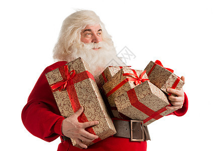 诞老人的肖像与礼品盒看着白色背景图片