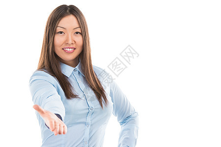 可爱的商务女白色背景下提供握手的肖像图片