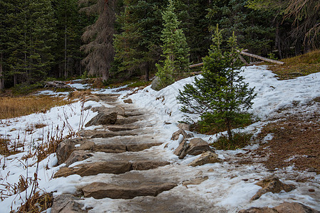 洛基山公园,条雪覆盖着徒步旅行的小径图片
