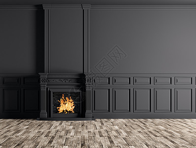 内部空的经典房间与壁炉黑色板墙壁三维渲染图片