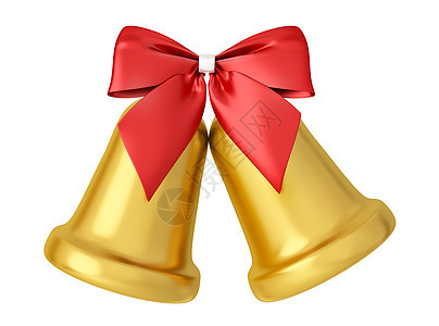 两个金色的铃铛与红色的蝴蝶结隔离白色的3D渲染上图片