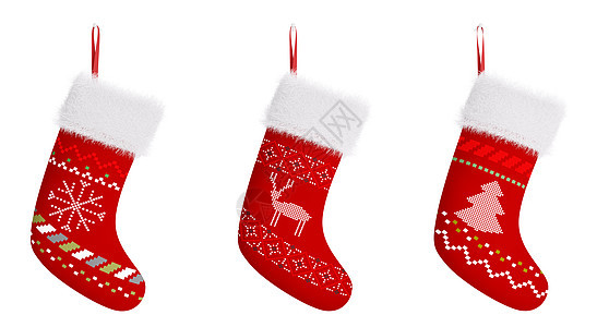 红色诞袜与图案隔离白色3D渲染图片