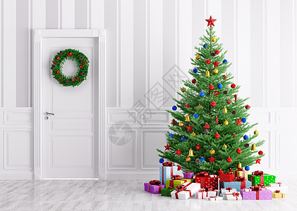 室内与诞树,礼物花环门3D渲染图片