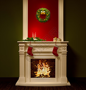 诞夜内部壁炉,花环,丝袜,礼物,蜡烛装饰3D渲染图片