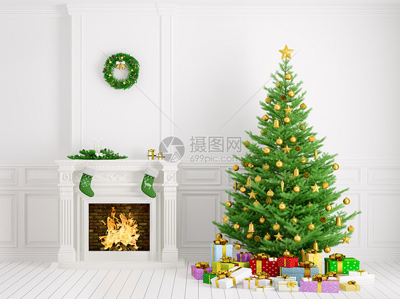 经典的室内诞树,壁炉,花环,礼物,蜡烛,长袜3D渲染图片