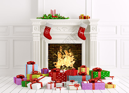 经典的诞室内壁炉,礼物,蜡烛,长袜3D渲染图片