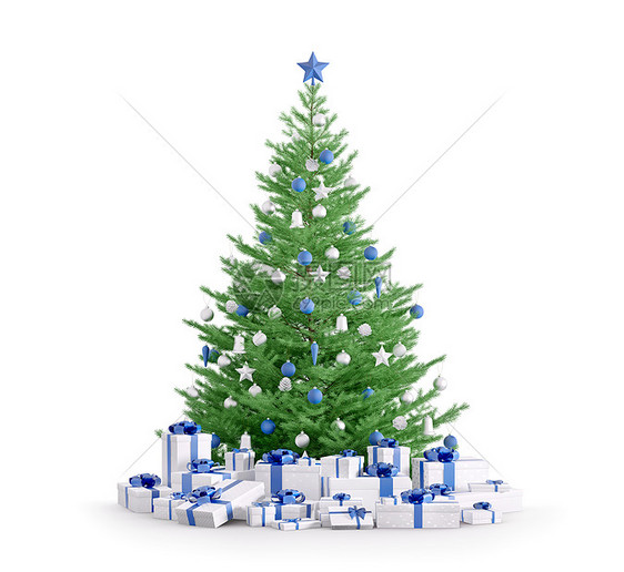诞树上蓝色的银包,礼物被隔离白色的3D渲染上图片