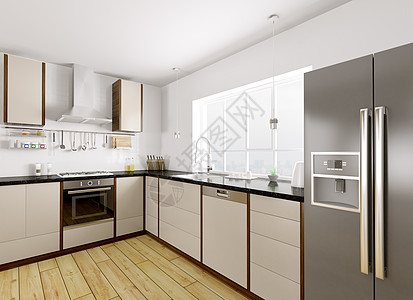 现代厨房与黑色花岗岩柜台内部三维渲染图片