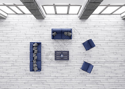 现代客厅顶部视图与蓝色沙发扶手椅3D渲染图片