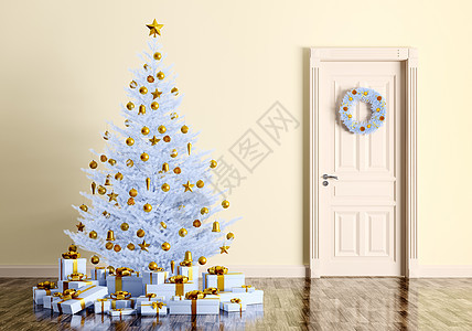 室内与诞树,礼物花环门3D渲染图片