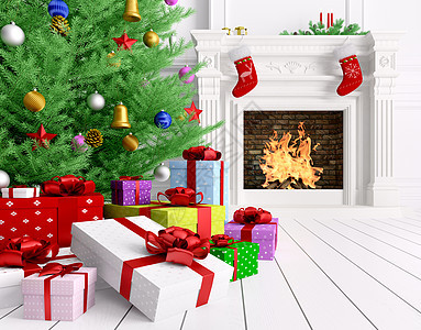 诞树,礼物,壁炉客厅内部3D渲染图片