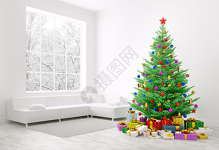 诞树与五颜六色的鲍布,礼物客厅内部3D渲染图片