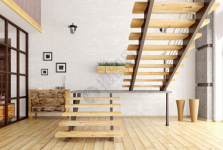 楼梯三维渲染的房间的现代内部图片