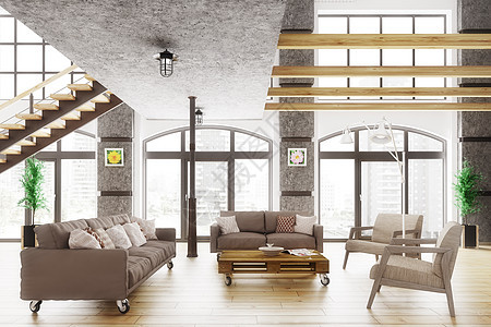 现代阁楼公寓内部,客厅,沙发扶手椅三维渲染图片