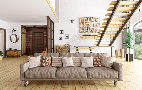 现代室内客厅大厅,楼梯,沙发与垫子3D渲染图片