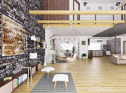 现代公寓内部,客厅,餐厅,厨房,休息区三维渲染图片