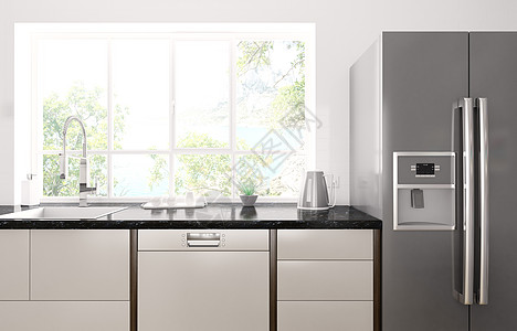 现代厨房内部黑色花岗岩柜台,冰箱3D渲染背景图片
