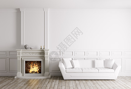 经典的客厅内部与壁炉白色沙发3D渲染图片