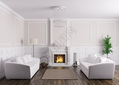 经典的室内客厅与两个白色沙发壁炉3D渲染图片