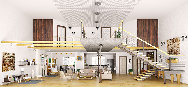 现代阁楼公寓内部切割,客厅,大厅,厨房,餐厅,楼梯,三维渲染图片