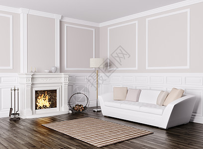 经典的室内客厅白色沙发壁炉3D渲染图片