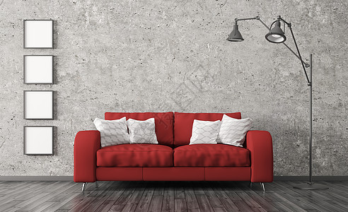 现代室内客厅红色沙发,落地灯靠混凝土墙三维渲染图片