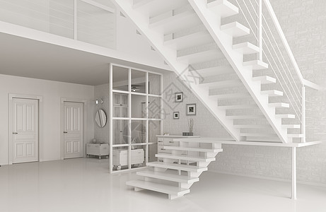 白色入口大厅内部与楼梯三维渲染图片
